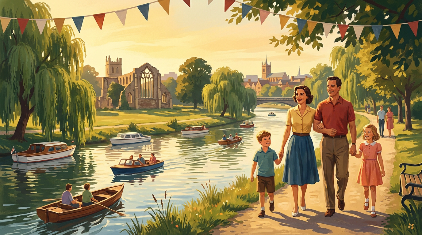 A family strolling by the River Thames in Reading, with the Abbey ruins and boats